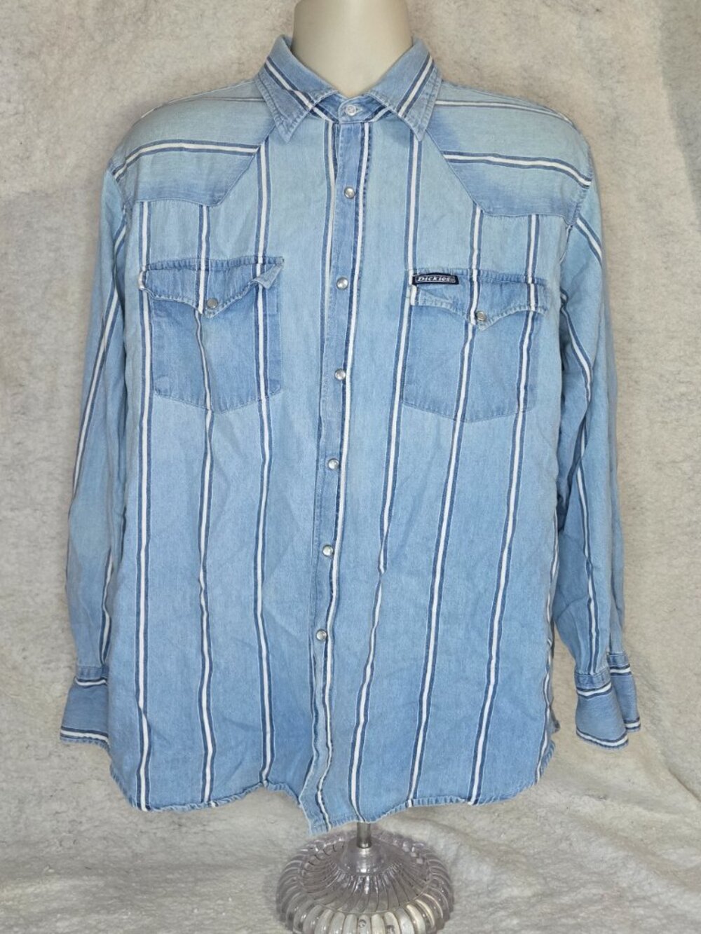 VTG Dickies Men's XL Denim Western Snap Shirt Light Wash Blue Striped Cotton